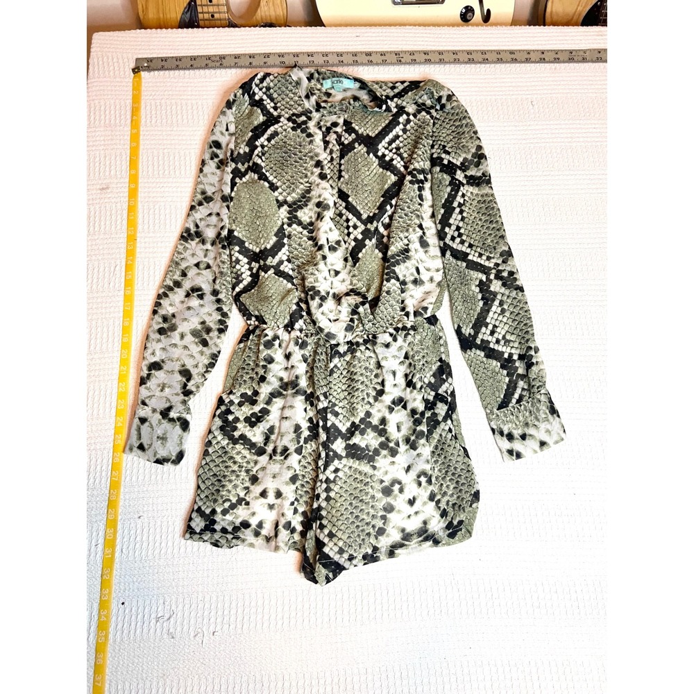 Karlie Snakeskin Print Long Sleeve Romper Green Grey Y2K Deep V-Neck Small